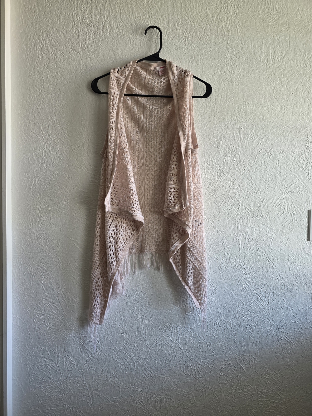 Fairycore Bongo Light Blush Crochet Open-Front Vest with Fringe